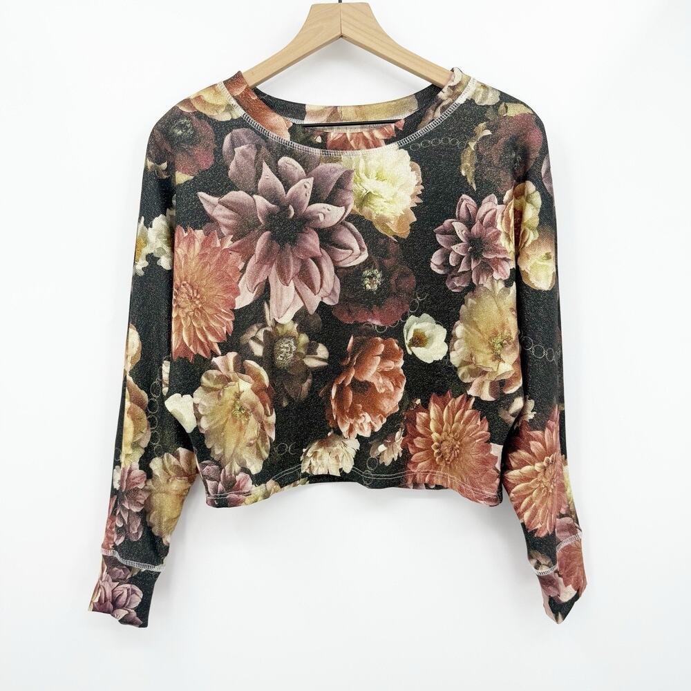 Altar’d State Gold Metallic Floral Cropped Knit Top Size S Long Sleeve‎ Stretch